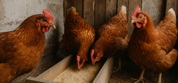 Stallpflicht – die Hühner bleiben drin Vier Hühner picken Futter