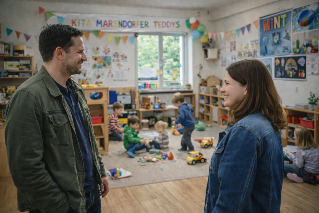 Eltern im Gepräch beim Tag der offenen Tür Kita Mariender Teddys