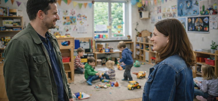 Eltern im Gepräch beim Tag der offenen Tür Kita Mariender Teddys