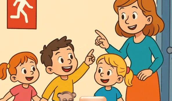 Feueralarm- Die Kita brennt! Kinder und Erzieherin bei Brandschutzübung mit GKJ-Bärchen