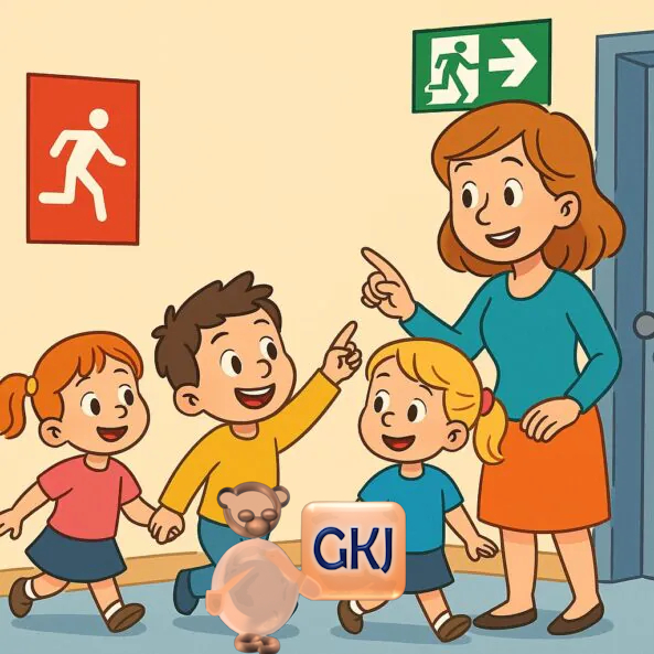Kinder und Erzieherin bei Brandschutzübung mit GKJ-Bärchen